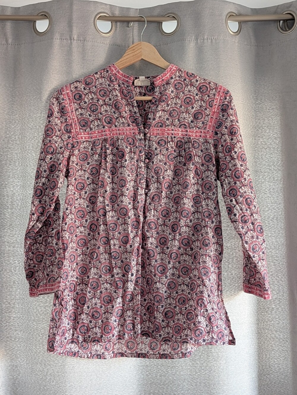Pink Printed Long-Sleeve Tunic Top with Button Placket